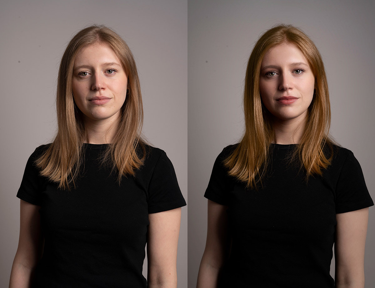 Antes e depois: retrato de uma mulher de cabelo longo e claro, retocado no PortraitPro